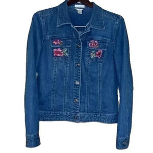 Christopher & Banks Denim Jean Jacket with Embroidered Chest Pockets Size M